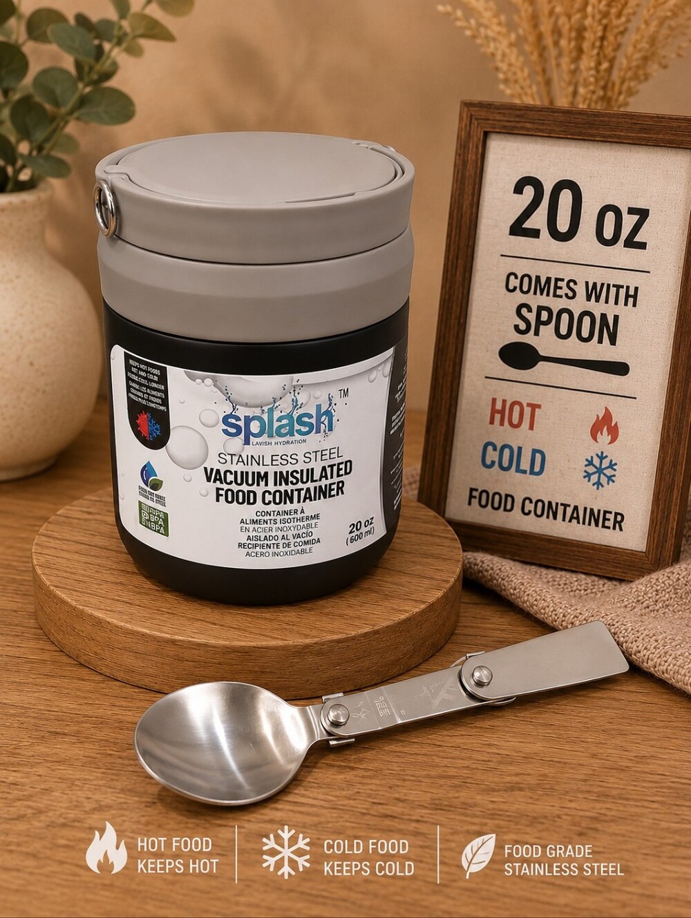 Vacuum Insulated Food Container with Folding Spoon